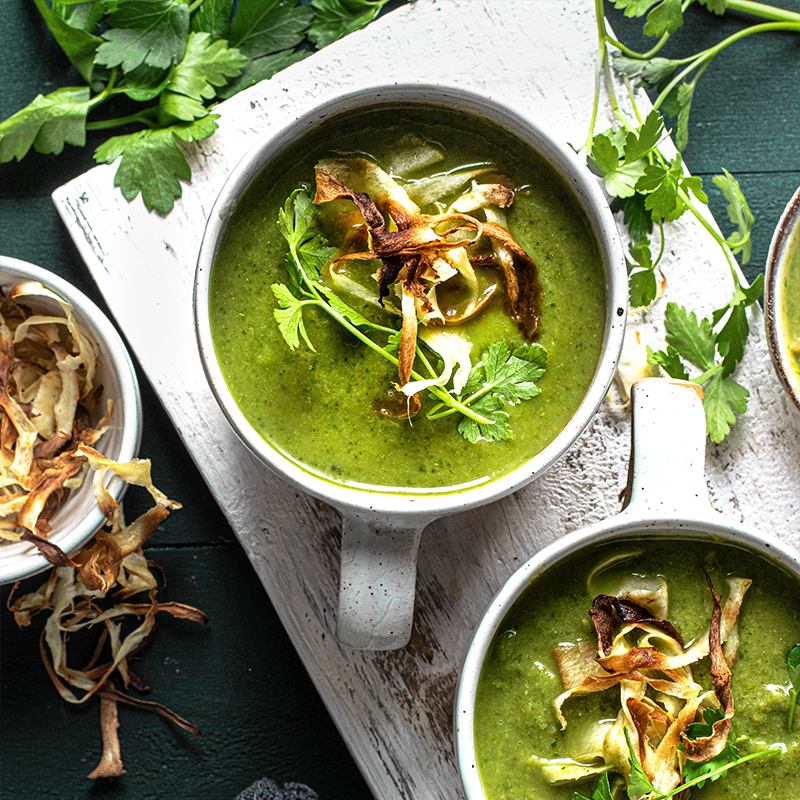 Spirulina Broccoli Soup with Horseradish and Parsley Chips