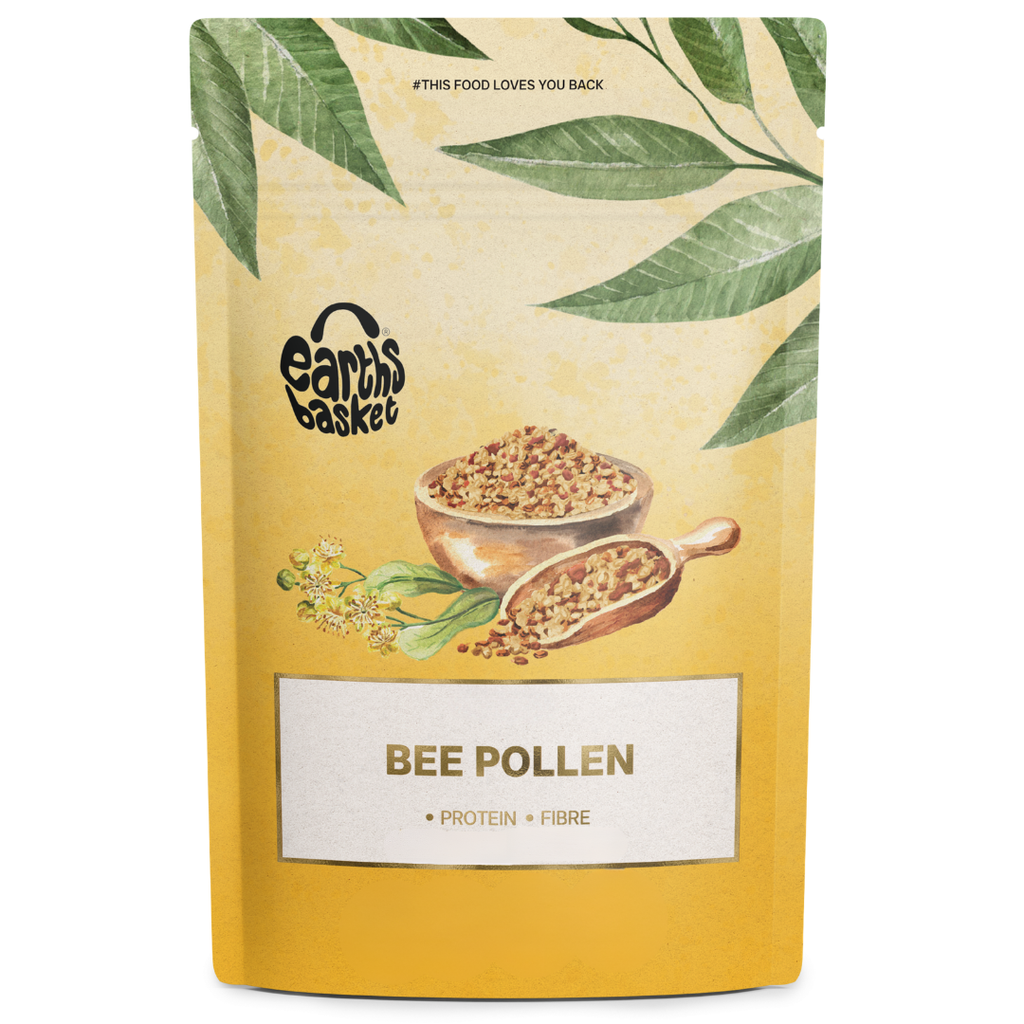 Earth's Basket bee pollen package with botanical design on a white background