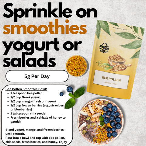 Bee pollen packaging with instructions on how to use it, including a smoothie bowl recipe.