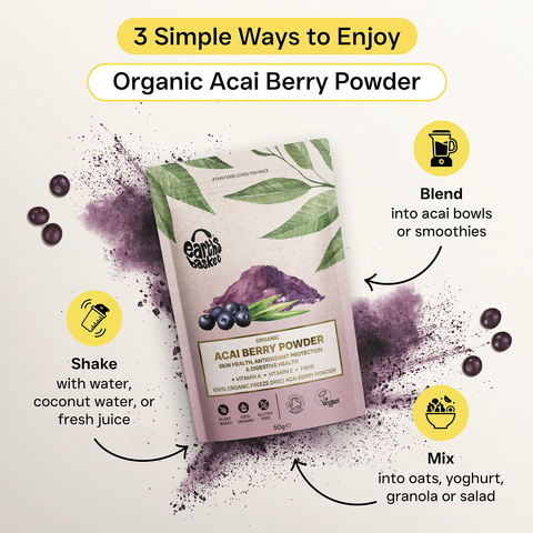 A package of Acai Berry powder with logos, text and splash of acai powder and acai berries