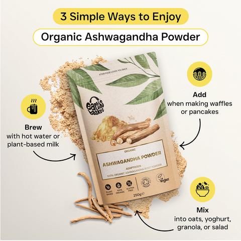 A package of Ashwagandha powder with text, logos and splash of Ashwagandha powder