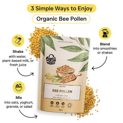 A package of Bee Pollen with text, logos and splash of Bee Pollen
