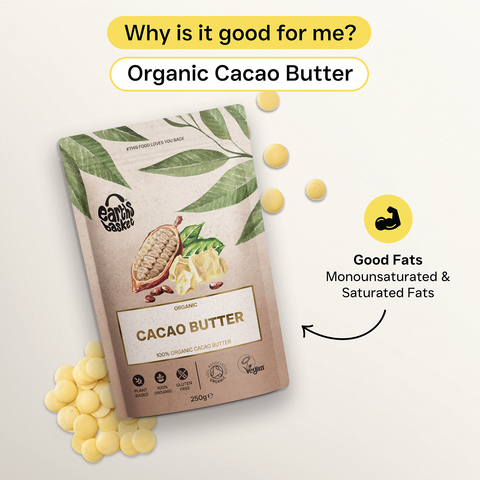 A package of Cacao Butter with text logo and round Cacao butter scattered