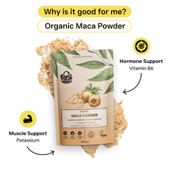 A package of Maca powder with a display of logos, text and a splash of maca powder