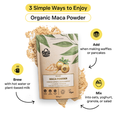 A package of Maca powder with a display of logos, text and a splash of maca powder