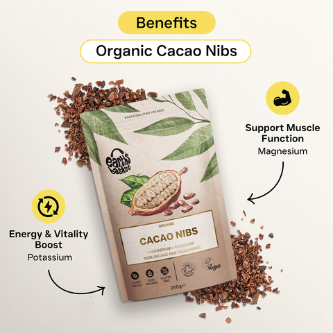 A package of Cacao Nibs with text logos and splashed Cacao nibs