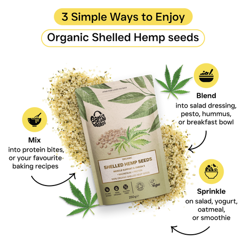 A package of Shelled Hemp Seeds with text logo and Hemp seeds splashed