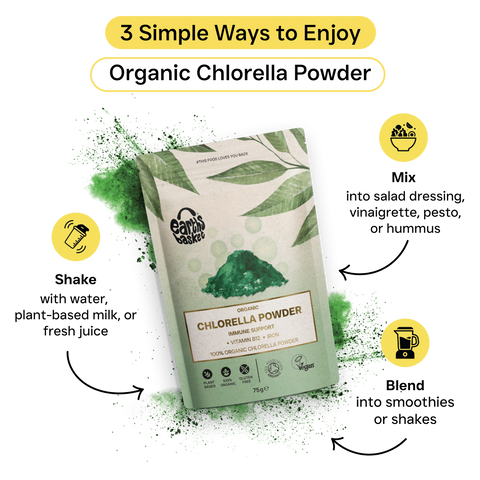 A package of Chlorella powder with text, logos and splash of green powder 