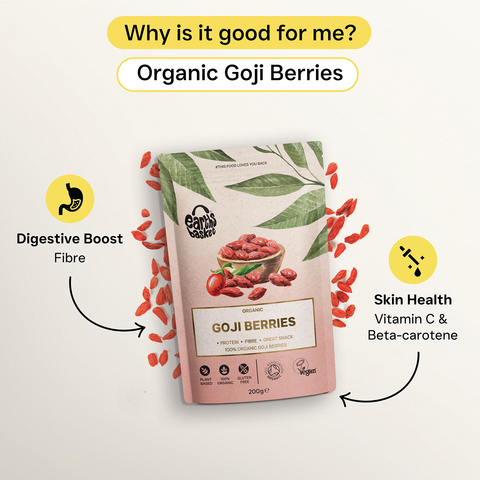 A package of Goji Berries with text logos and scattered goji berries