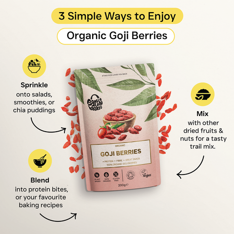 A package of Goji Berries with text logos and scattered goji berries