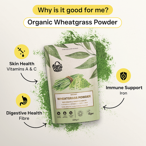A package of Wheatgrass Powder with logos, text and splashes Wheatgrass powder