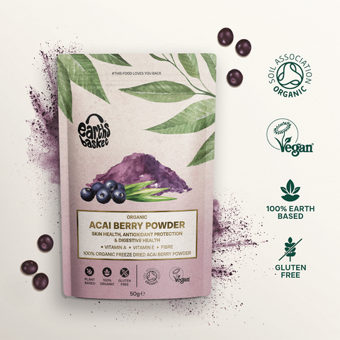 A package of Acai Berry powder with logos and splash of acai powder and acai berries