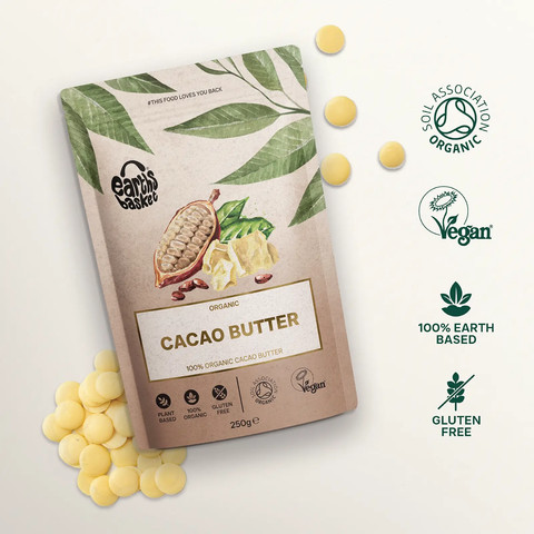 A package of Cacao Butter with text logo and round Cacao butter scattered