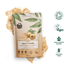 A package of Maca powder with a display of logos and a splash of maca powder