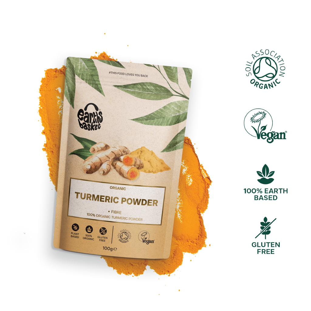 A packaging of Turmeric Powder with logos, text and splash of turmeric powder in the background