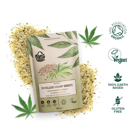 A package of Shelled Hemp Seeds with text logo and Hemp seeds splashed