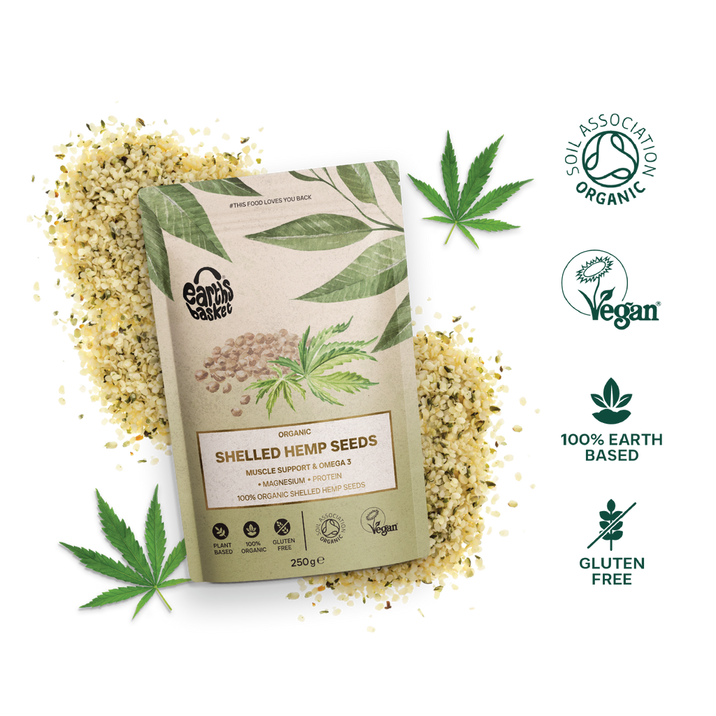 A package of Shelled Hemp Seeds with text logo and Hemp seeds splashed