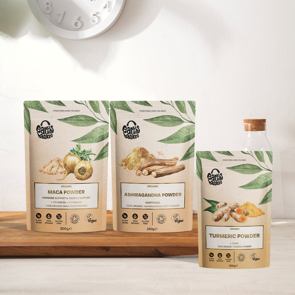 Display of Ashwagandha powder, Turmeric powder & Maca Powder in a kitchen