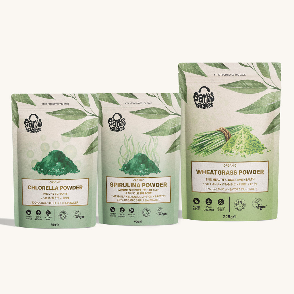 Package of Spirulina Powder, Wheatgrass powder & Chlorella Powder 