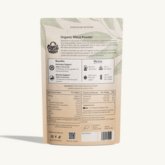 Backside of package of Maca powder with text and logos