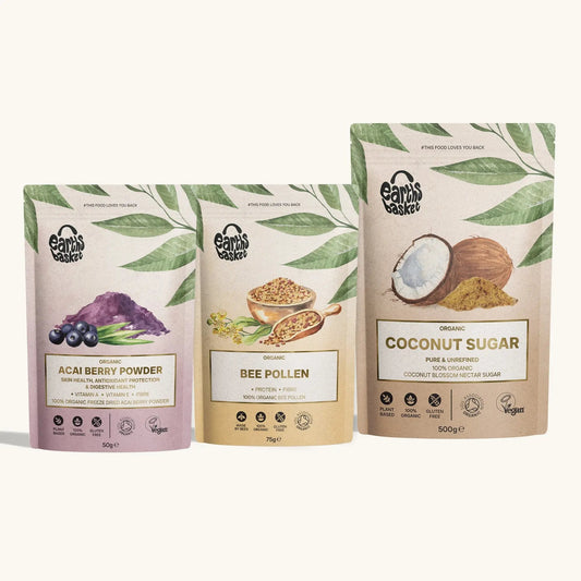 Three unique coconut sugar packaging designs: Bee Pollen, Acai Berry, and Coconut sugar. Beautiful pastel colors, watercolor ingredient images, and product benefits and certifications shared. 