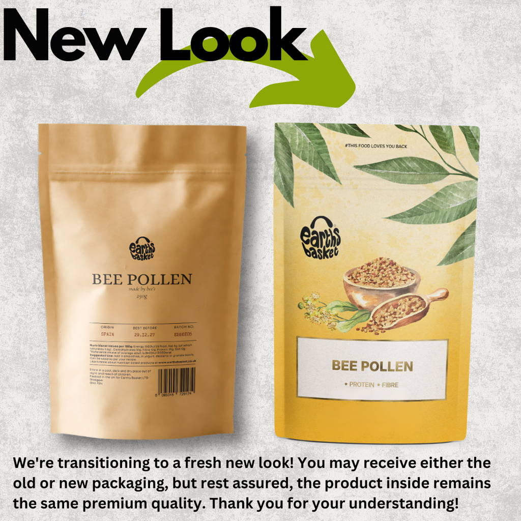 Two packages of Bee Pollen with text about new packaging design on a light gray background
