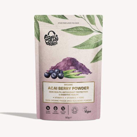 A pouch of organic acai berry powder with leaves, perfect for natural skincare and health remedies