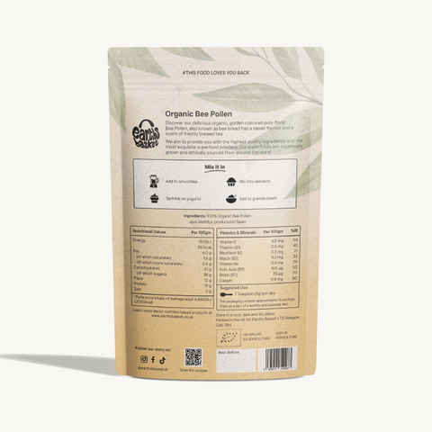 Organic Bee pollen bag packaging with a touch of nature - bee pollen back. Enjoy a nutritious, sustainable and flavourful addition for your diet!