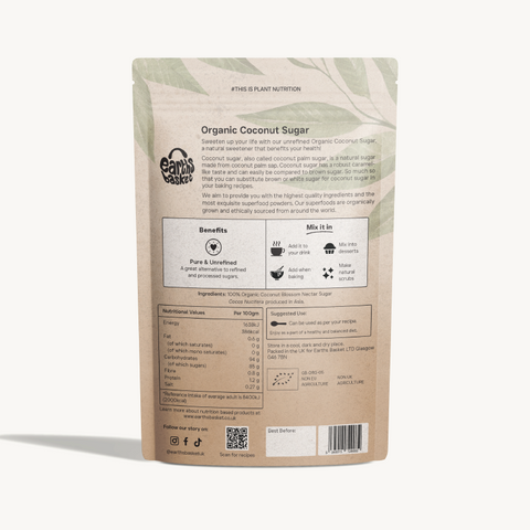 A bag of organic coconut sugar with a label on it, perfect for your sweet breakfast. Enjoy the rich aroma and caramel like taste of this organic Coconut sugar.
