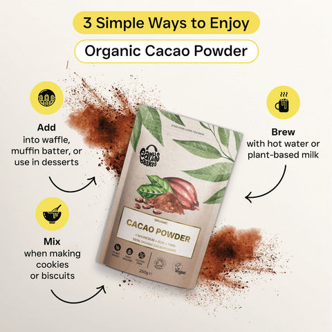 A package of Cacao Powder with text logos with text and a splash of chocolate powder 