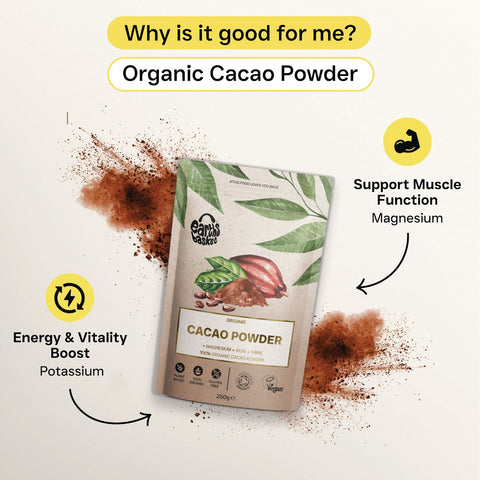 A package of Cacao Powder with text and logos and a splash of chocolate powder 