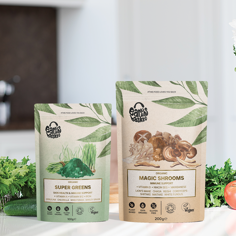 A display of the packaging of Super Greens & seven mushroom blend in a home