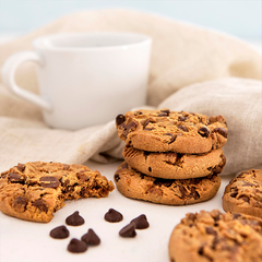 Six Choco chip cookies and a cup